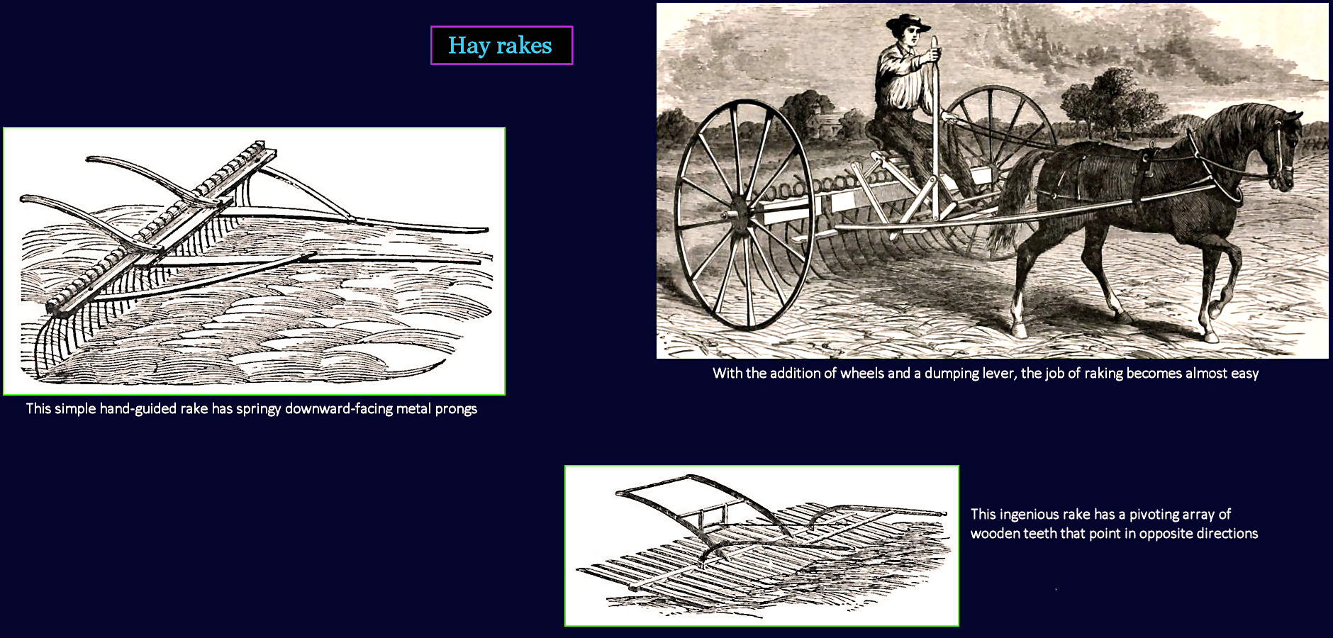 Horse-driven hay rakes, 1860s